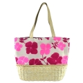 Flower Pattern Canvas with Corn Husk Straw Base Tote Bag 