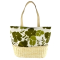Flower Pattern Canvas with Corn Husk Straw Base Tote Bag 